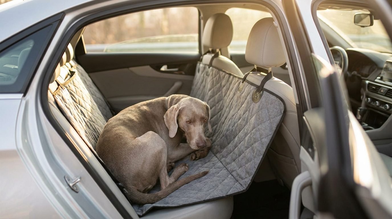 Weimaraner sdraiato comodo su un coprisedile ad amaca teso tra i sedili anteriori e posteriori dell'auto