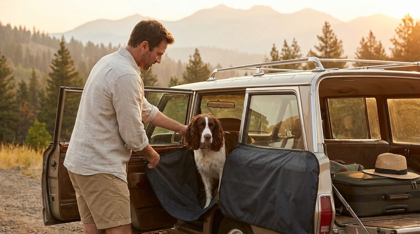 Uomo che aiuta uno Springer Spaniel a salire sul sedile posteriore protetto da un coprisedile, partenza per le vacanze