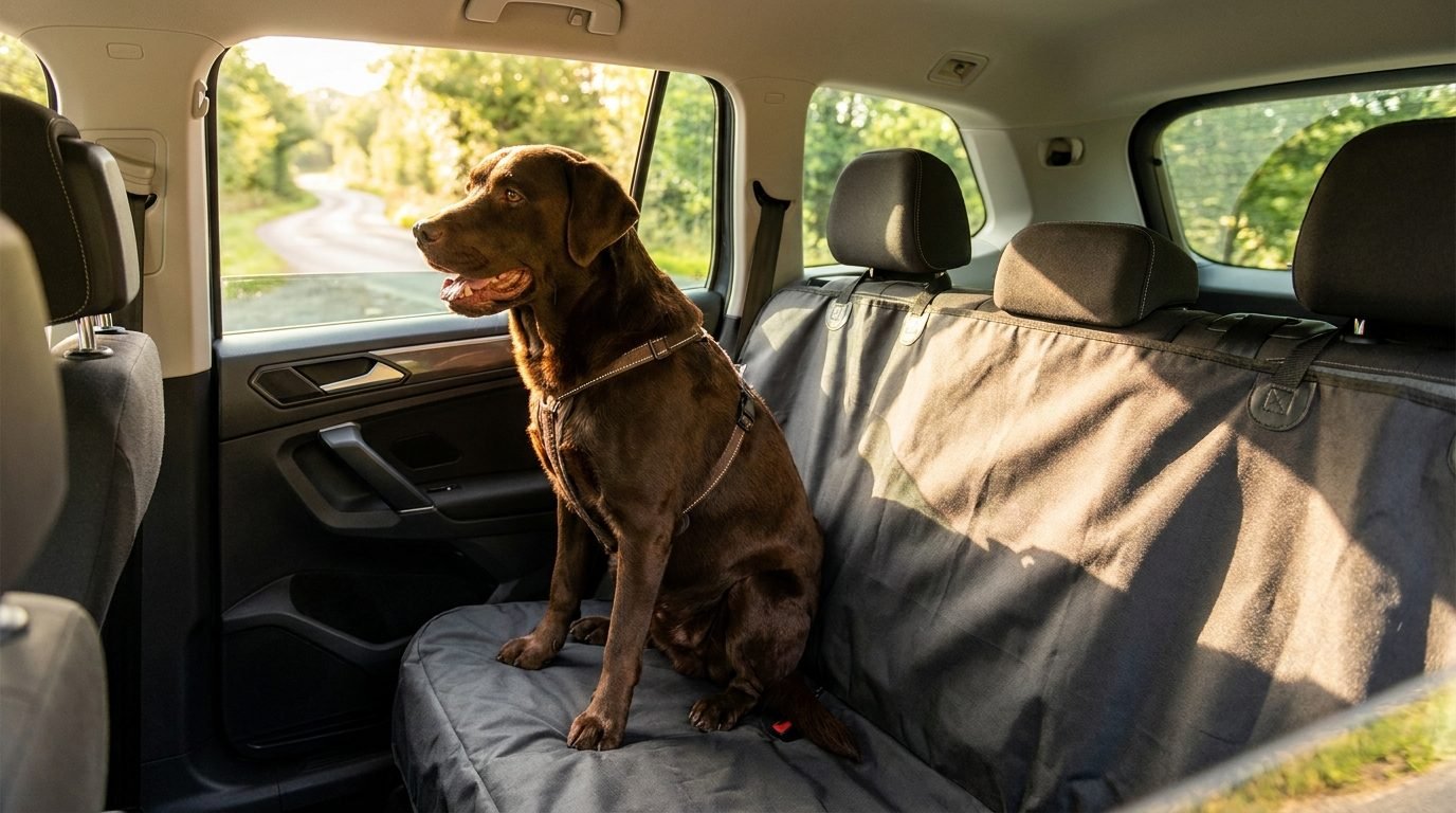 Labrador cioccolato seduto tranquillo sul sedile posteriore dell'auto coperto da un telo protettivo grigio