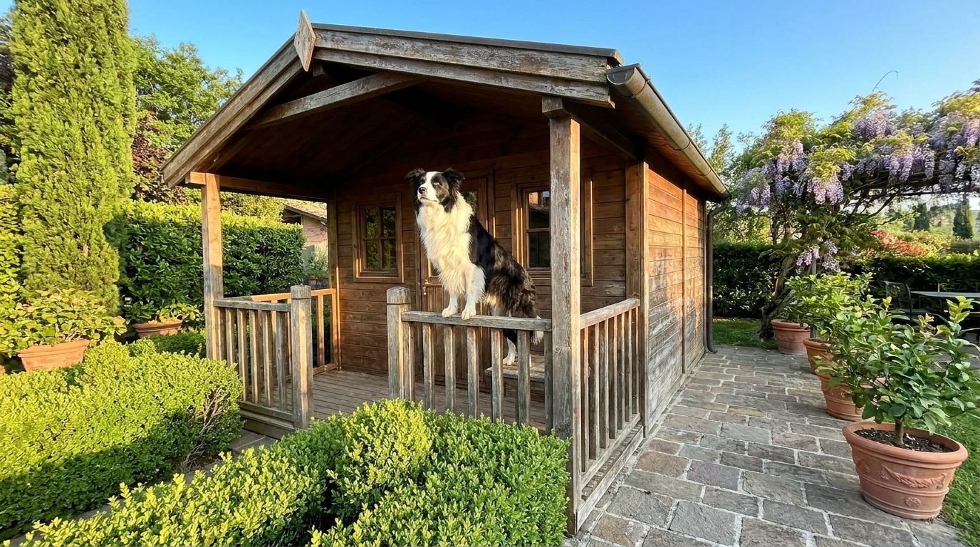 Border collie sulla veranda di una grande cuccia in legno con terrazza in giardino