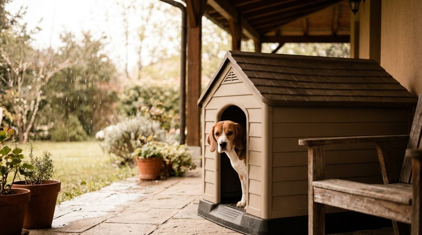 Beagle affacciato da una cuccia in resina sotto il portico mentre fuori piove
