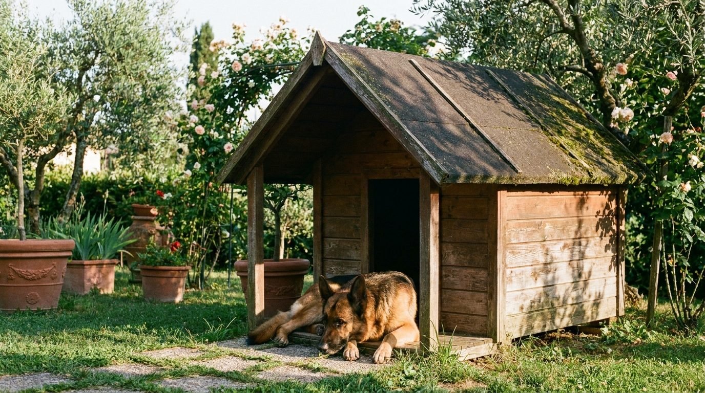 Pastore tedesco sdraiato davanti a una cuccia in legno con tetto in bitume nel giardino