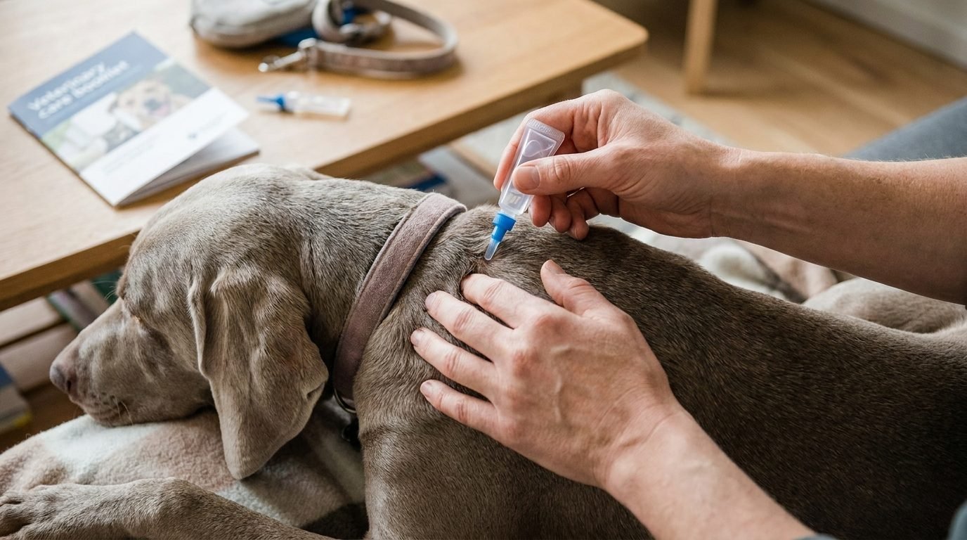 Applicazione di una pipetta spot-on tra le scapole di un Weimaraner