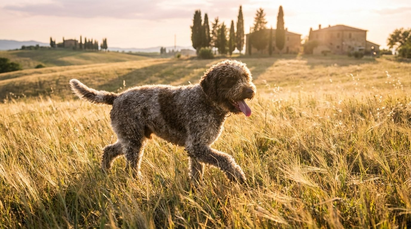 Lagotto Romagnolo che trotta nell'erba alta in campagna alla sera