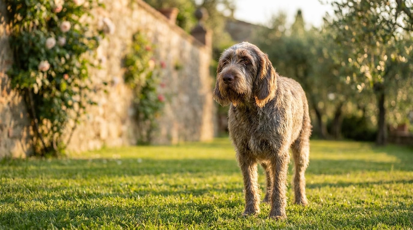 Spinone Italiano in un giardino estivo nella luce del tramonto