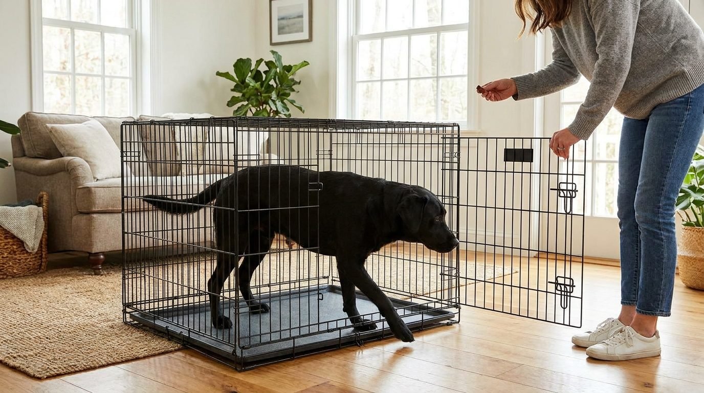 Labrador nero che entra tranquillo in una gabbia pieghevole XXL durante il kennel training