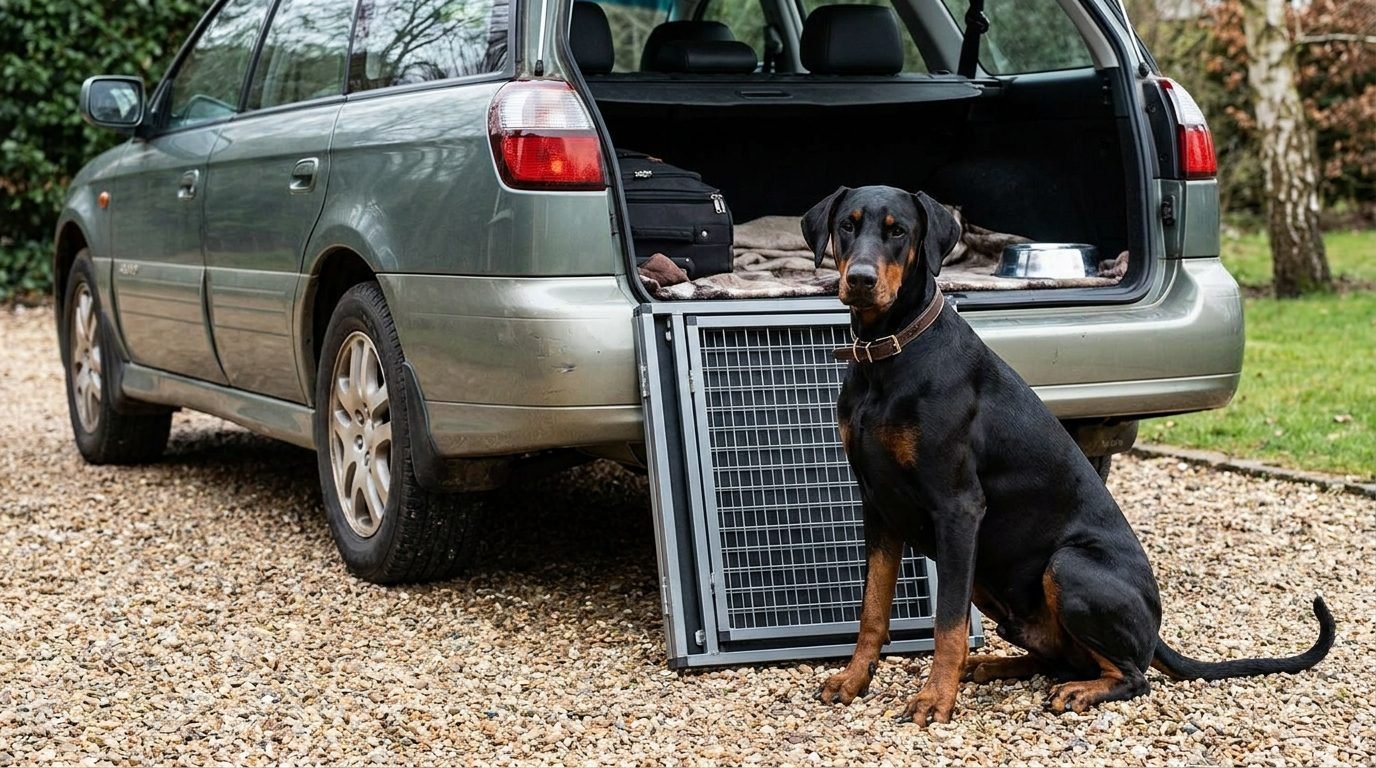 Dobermann seduto accanto a una gabbia pieghevole ripiegata vicino al bagagliaio dell'auto