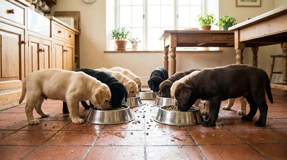 Cucciolata di Labrador che mangia dalle ciotole: la sverminazione dei cuccioli inizia nelle prime settimane di vita