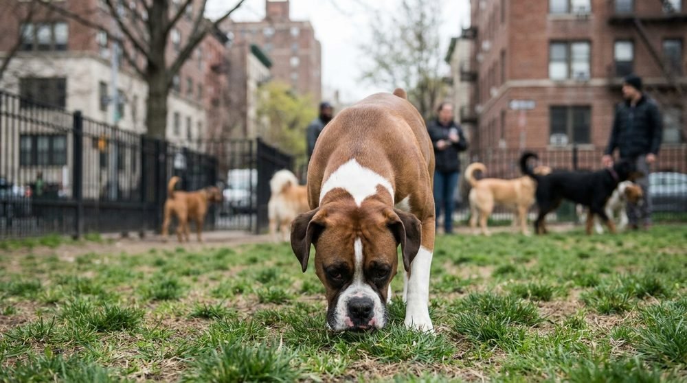 Boxer che annusa l'erba in un'area cani: i luoghi condivisi sono la principale via di contagio dei vermi intestinali