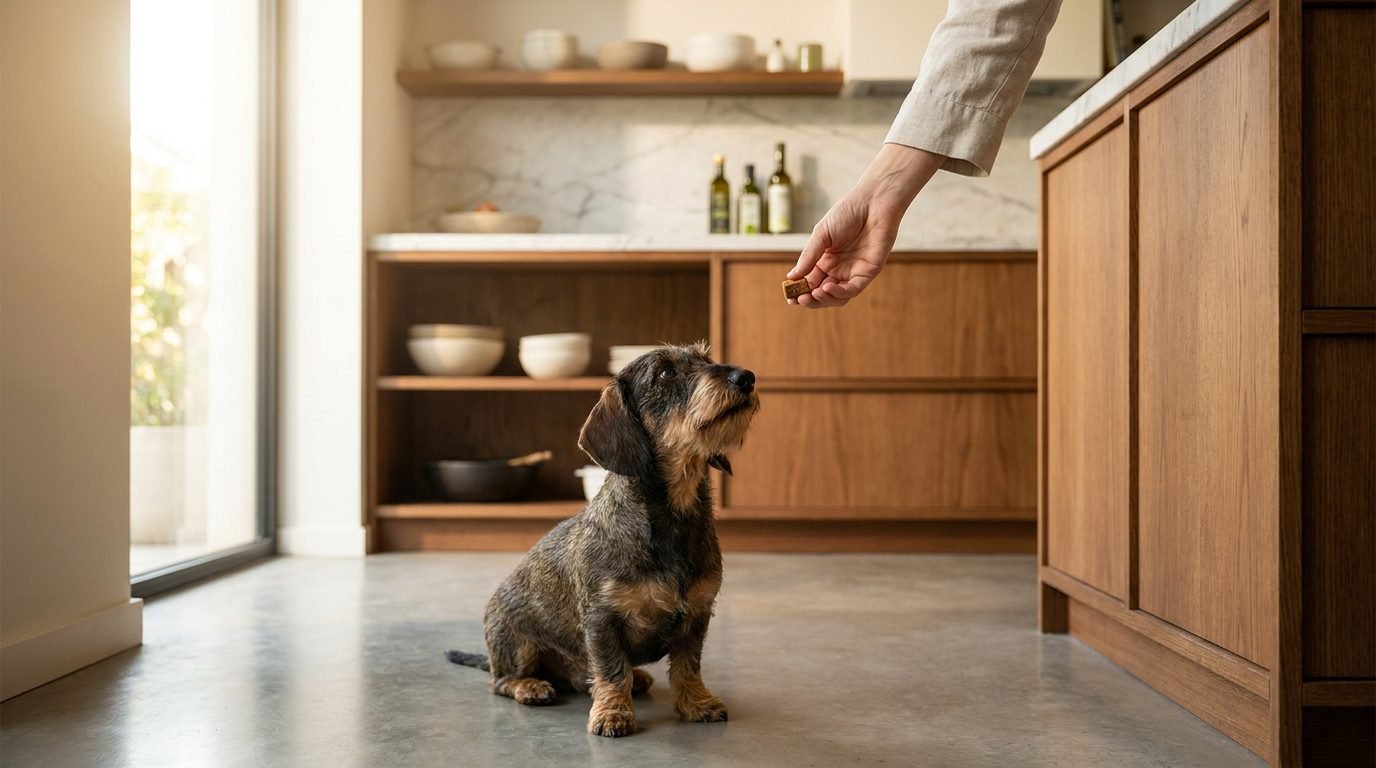 Cane che riceve una compressa masticabile dal suo pet parent