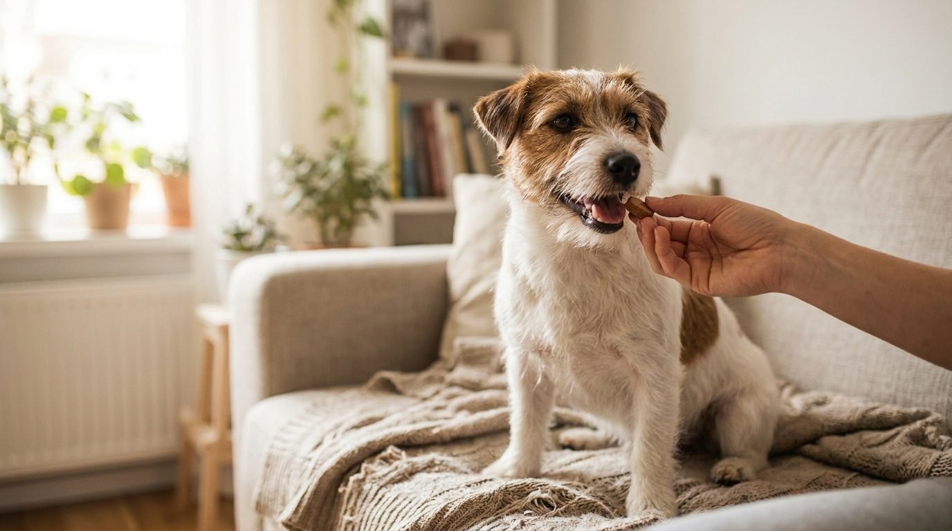 Jack Russell terrier riceve una compressa masticabile antiparassitario dal suo pet parent
