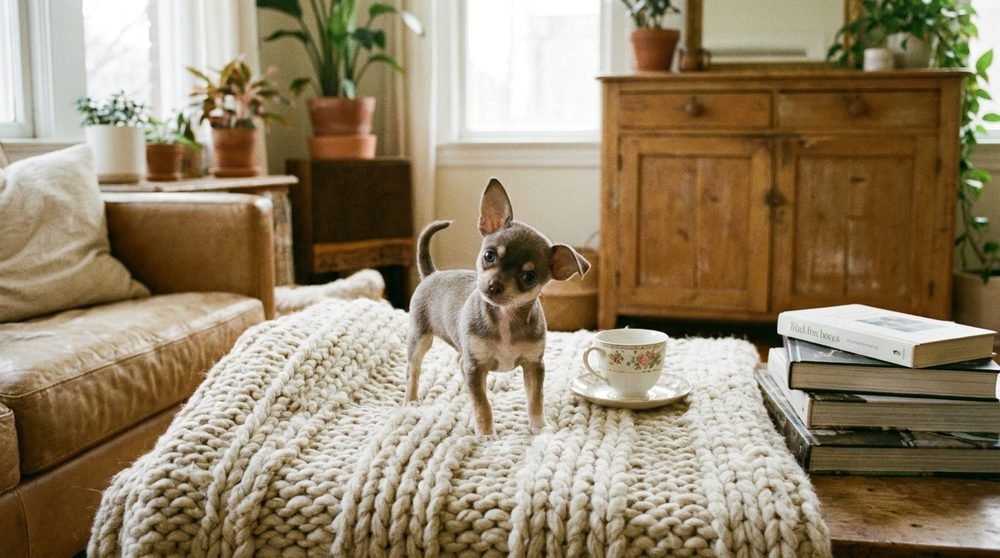 Cucciolo di Chihuahua su una coperta in salotto: sotto i 2 kg di peso la scelta ricade su Simparica Trio