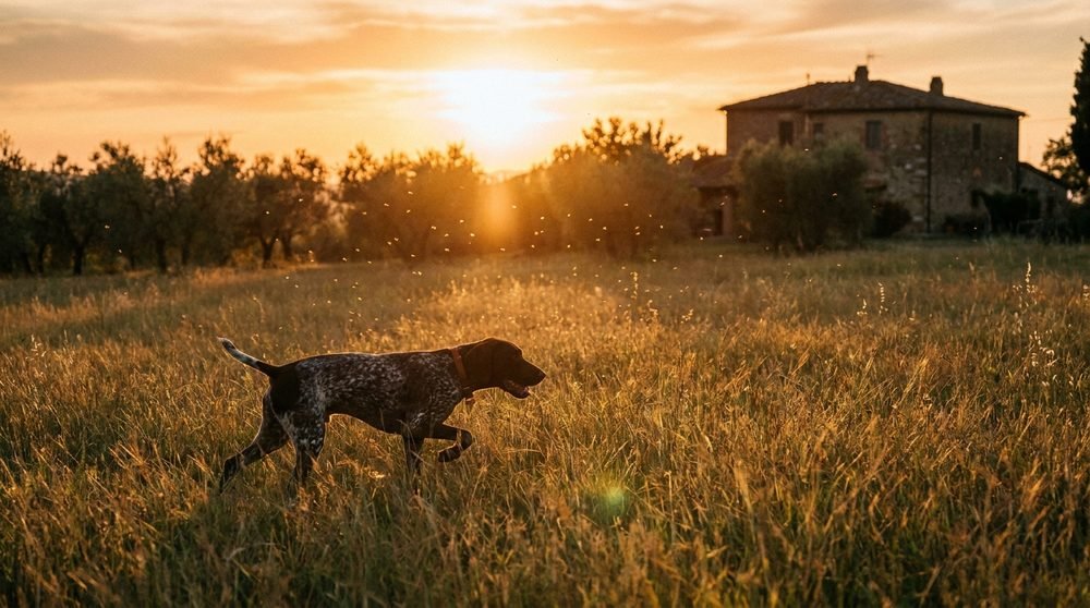 Cane da caccia che attraversa l'erba alta al tramonto: l'orario e l'ambiente tipici di zanzare e pappataci