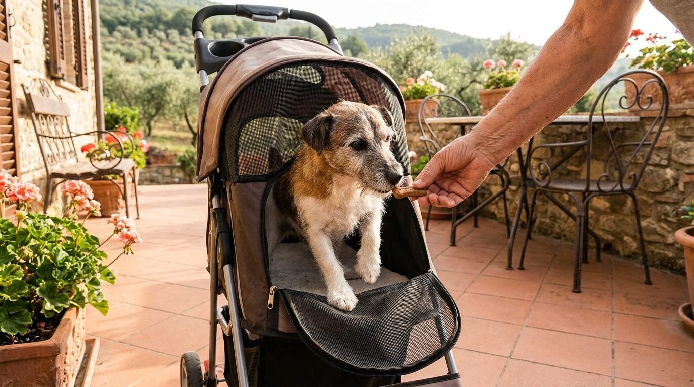 Jack Russell anziano che entra da solo nel passeggino aperto sul terrazzo di casa