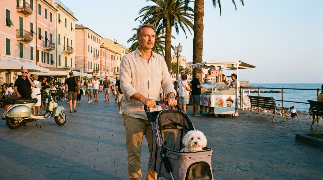 Uomo che passeggia sul lungomare spingendo un passeggino con un maltese bianco affacciato