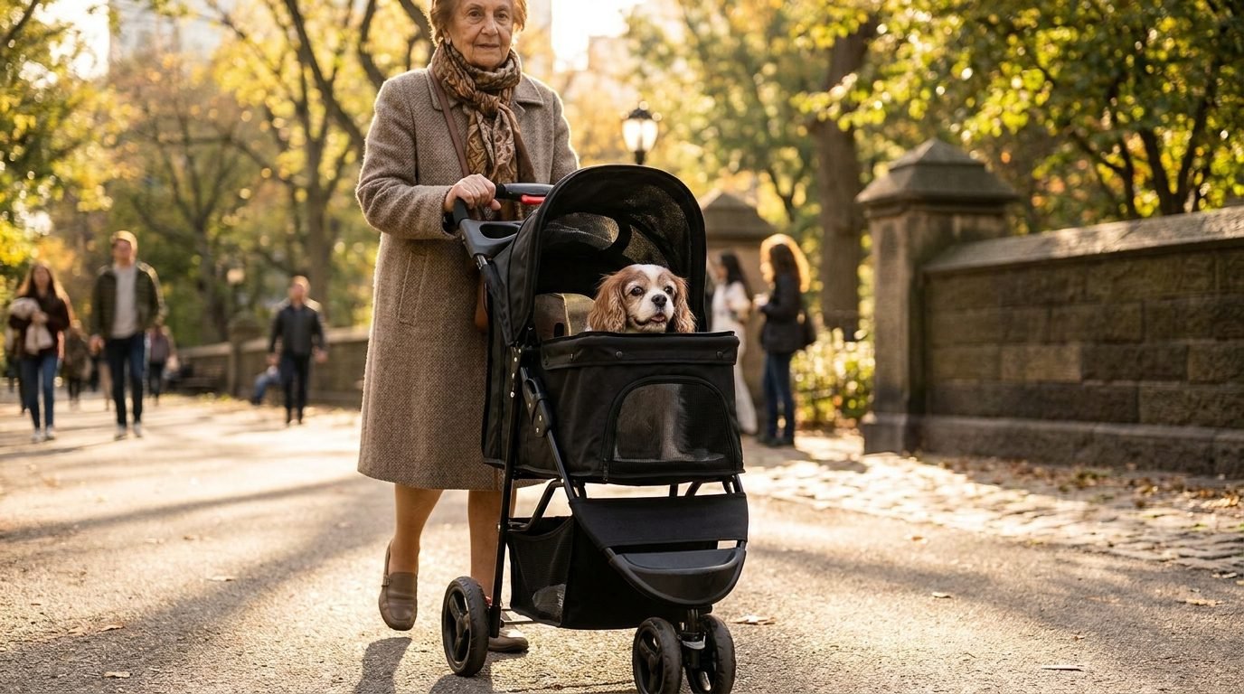 Donna anziana che spinge un passeggino per cani nero al parco con dentro un Cavalier King anziano