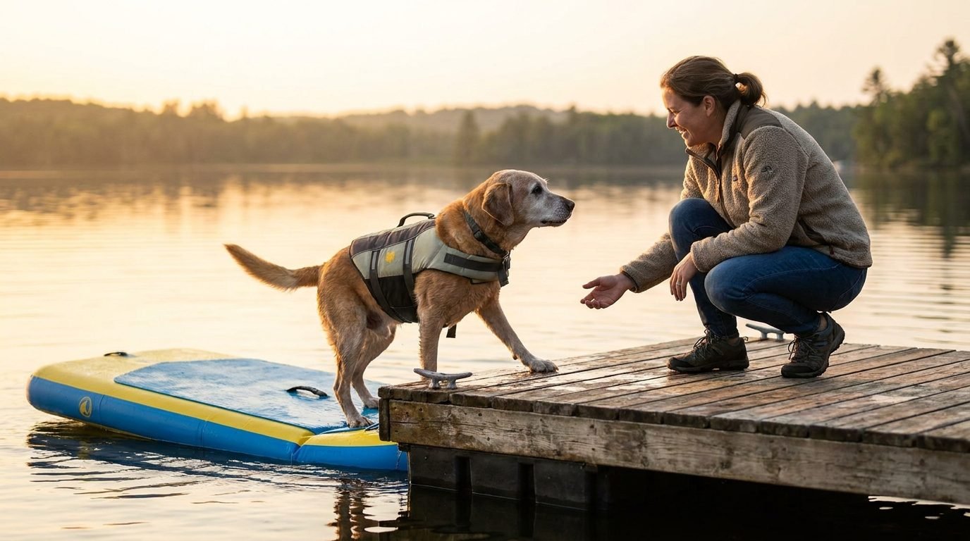Cane anziano dal muso grigio che risale su un pontile da un lago usando una rampa gonfiabile mentre una donna lo rassicura