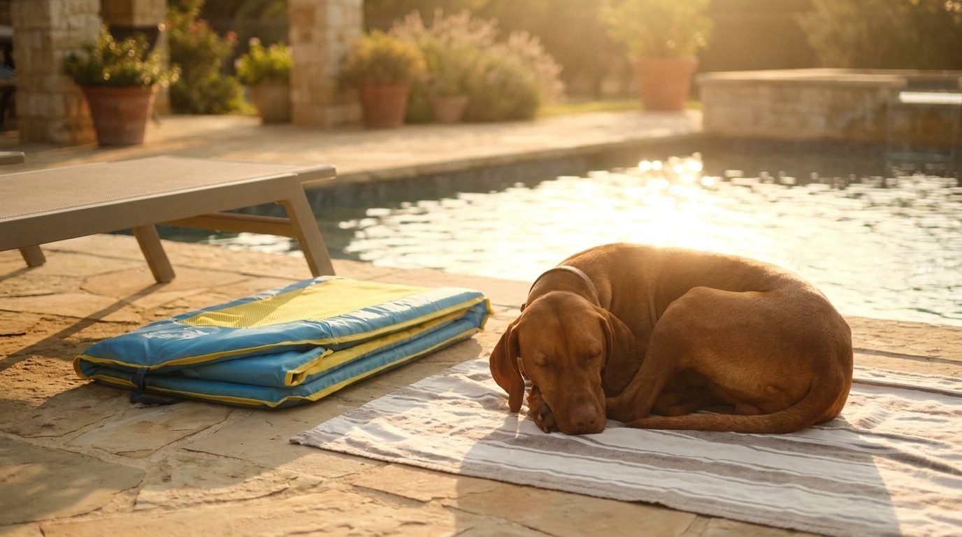 Vizsla ungherese che riposa su un asciugamano a bordo piscina accanto a una rampa gonfiabile ripiegata