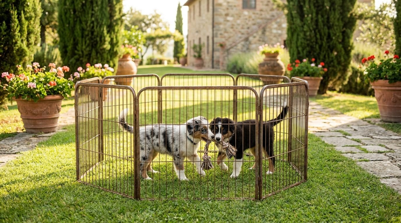 Due cuccioli di pastore australiano che giocano in un recinto metallico ottagonale sul prato