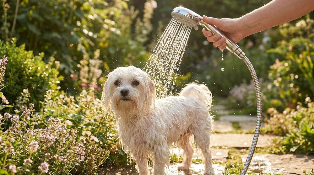 Maltese bianco risciacquato con il doccino in giardino in una giornata di sole