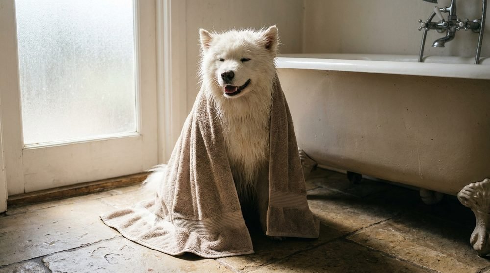 Samoiedo avvolto in un asciugamano dopo il bagno: l'asciugatura completa previene le irritazioni della cute