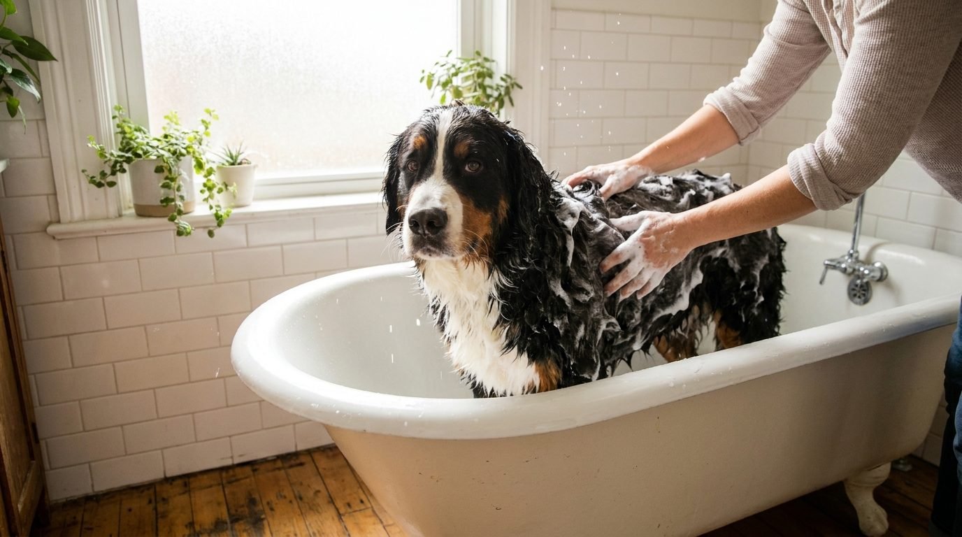 Bovaro del bernese insaponato durante il bagnetto nella vasca di casa