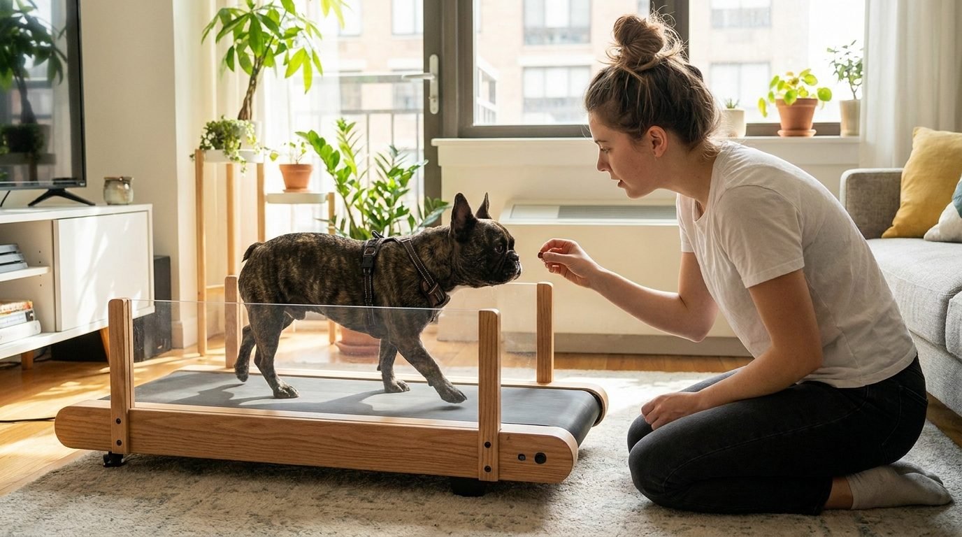 Bulldog francese che cammina su un piccolo tapis roulant in casa incoraggiato con un premio