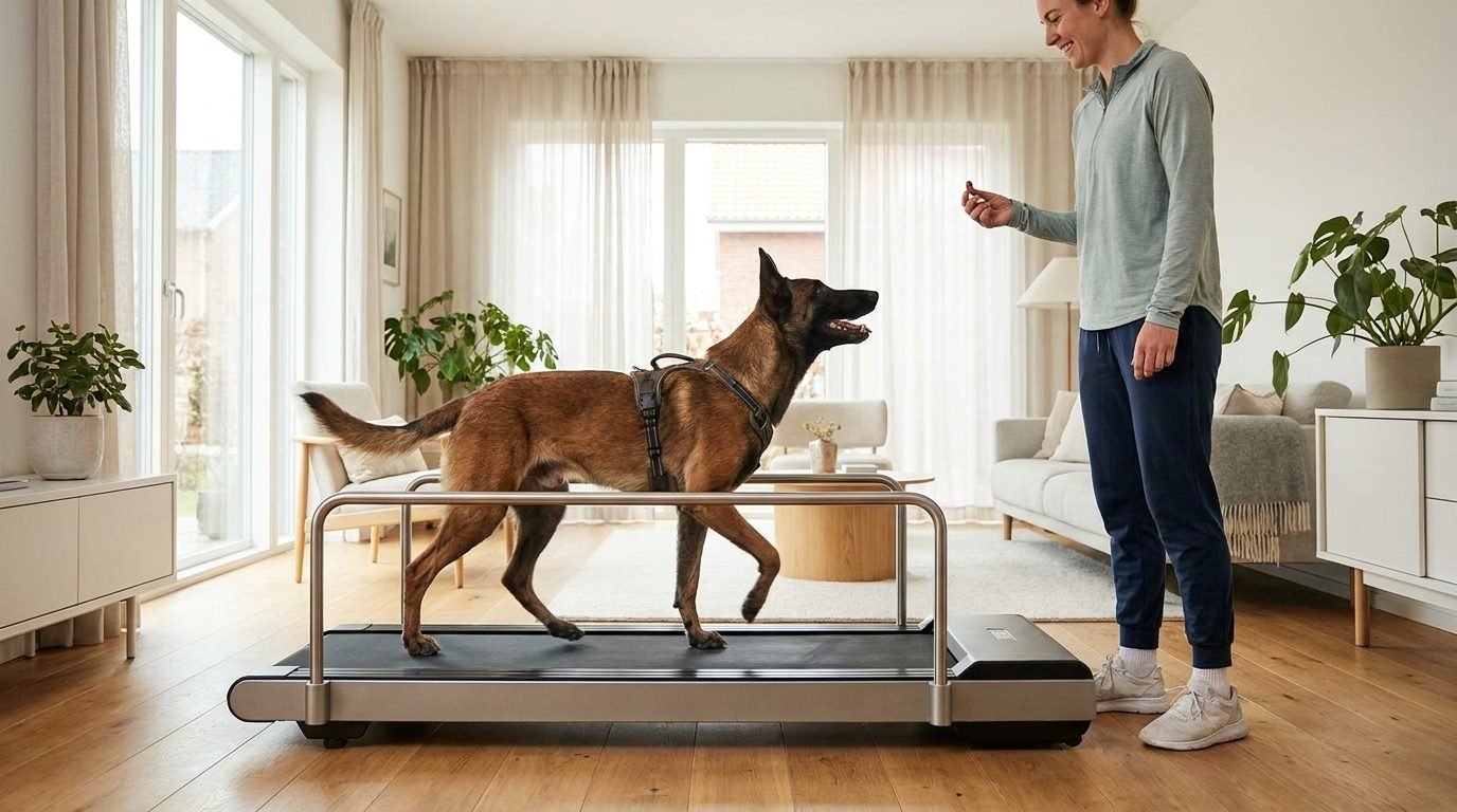 Pastore belga malinois che trotta su un tapis roulant per cani in salotto con la proprietaria accanto