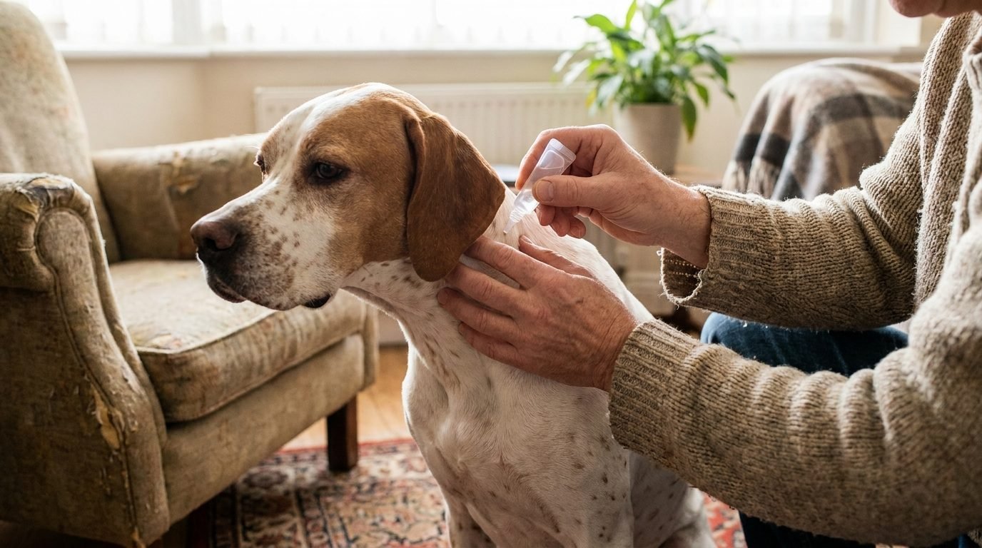 Applicazione di una pipetta spot-on sul collo di un Pointer inglese