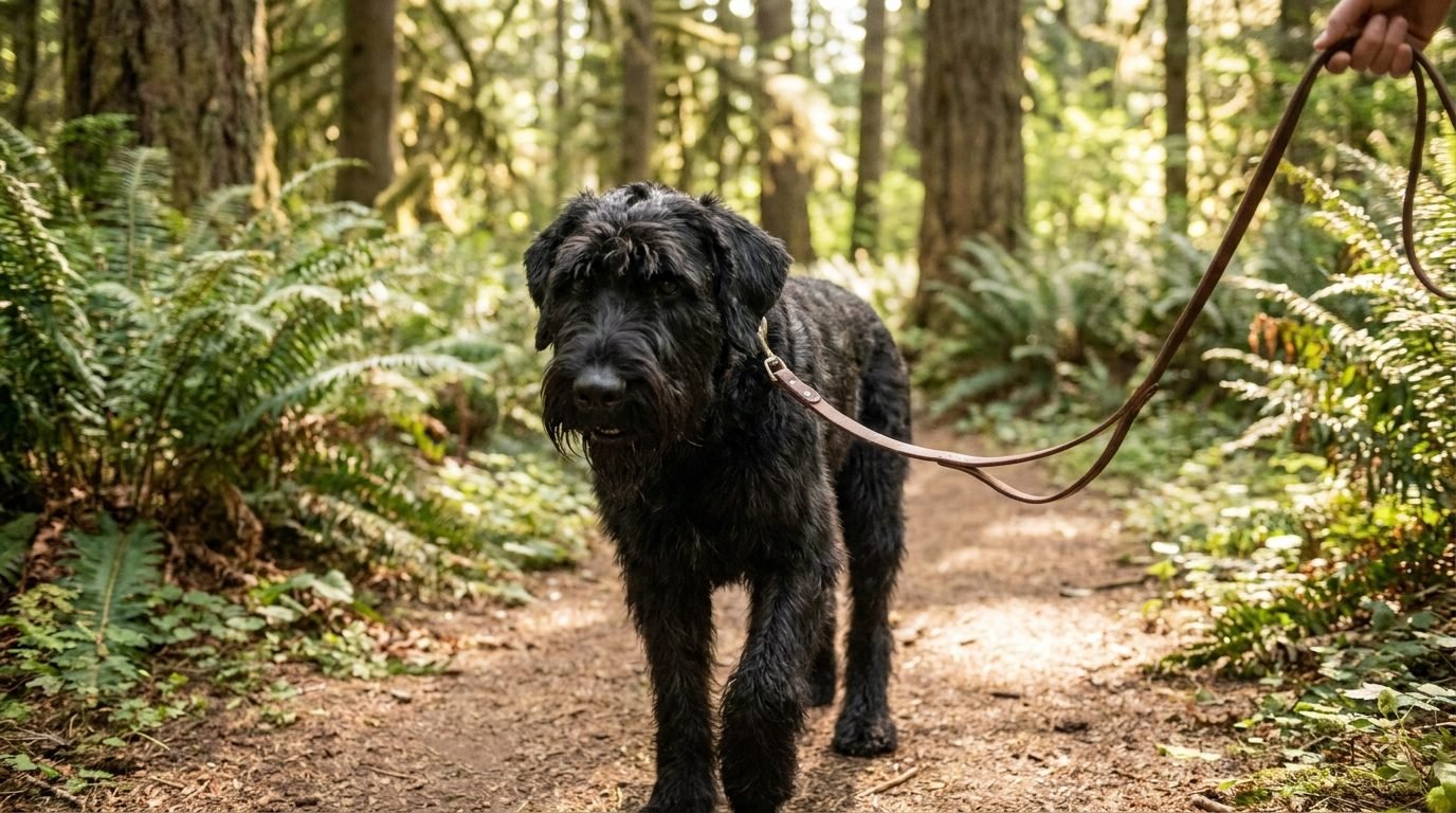 Schnauzer gigante a passeggio su un sentiero nel bosco in estate