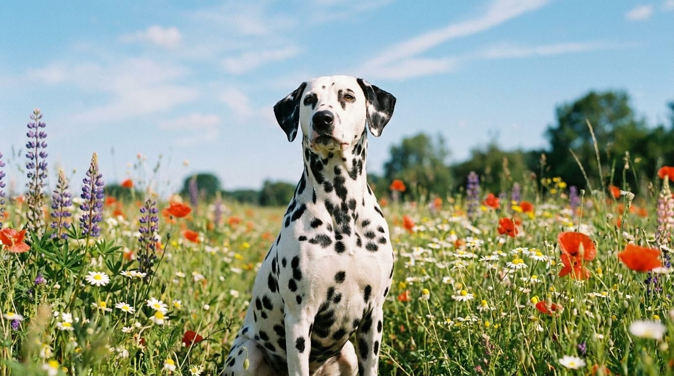 Dalmata seduto in un prato fiorito estivo