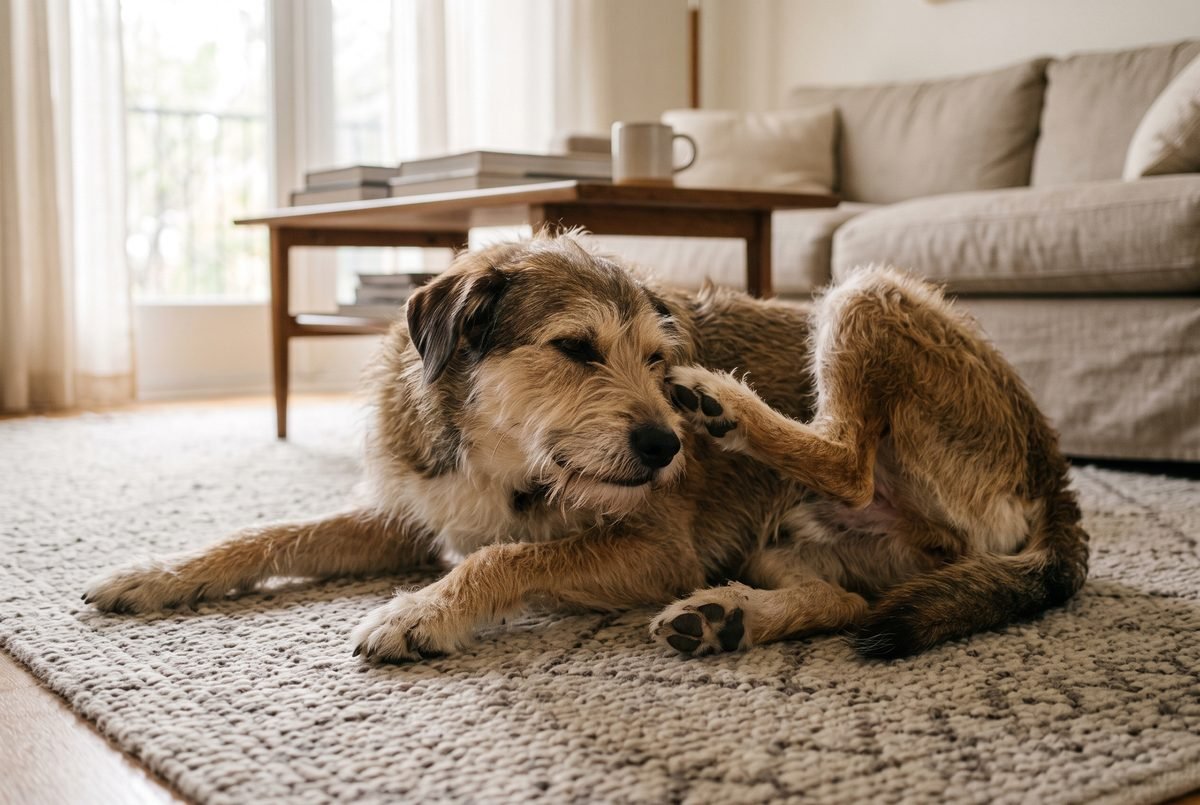 Cane sdraiato sul tappeto che si gratta il muso con la zampa posteriore