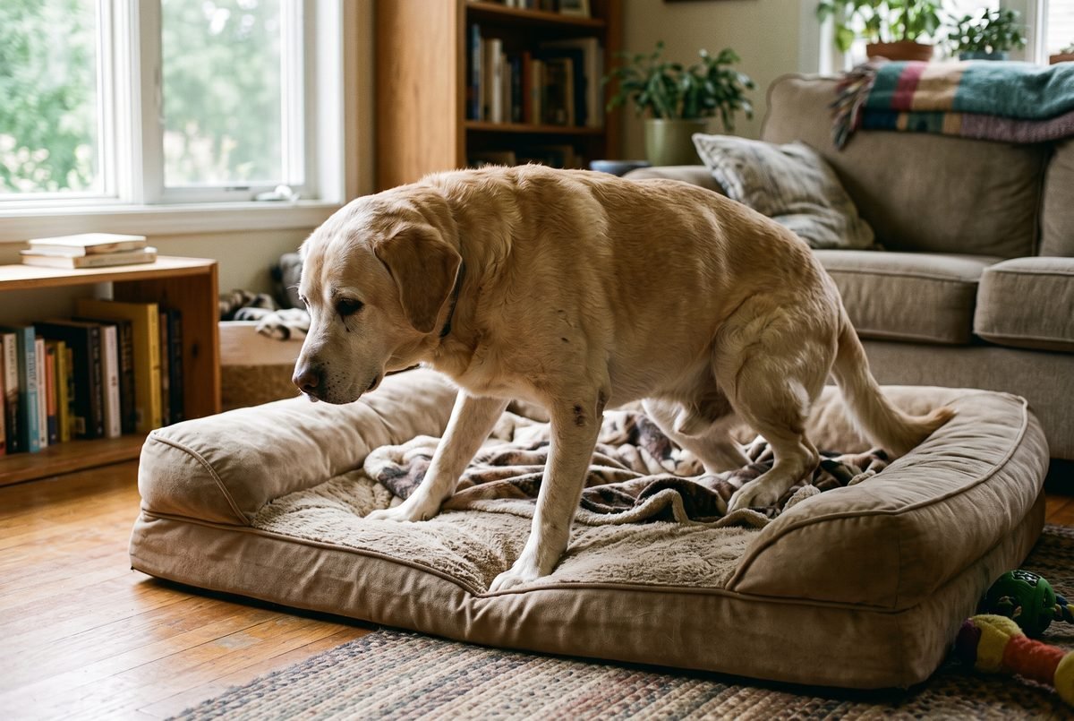 Labrador anziano che fatica ad alzarsi dalla cuccia imbottita