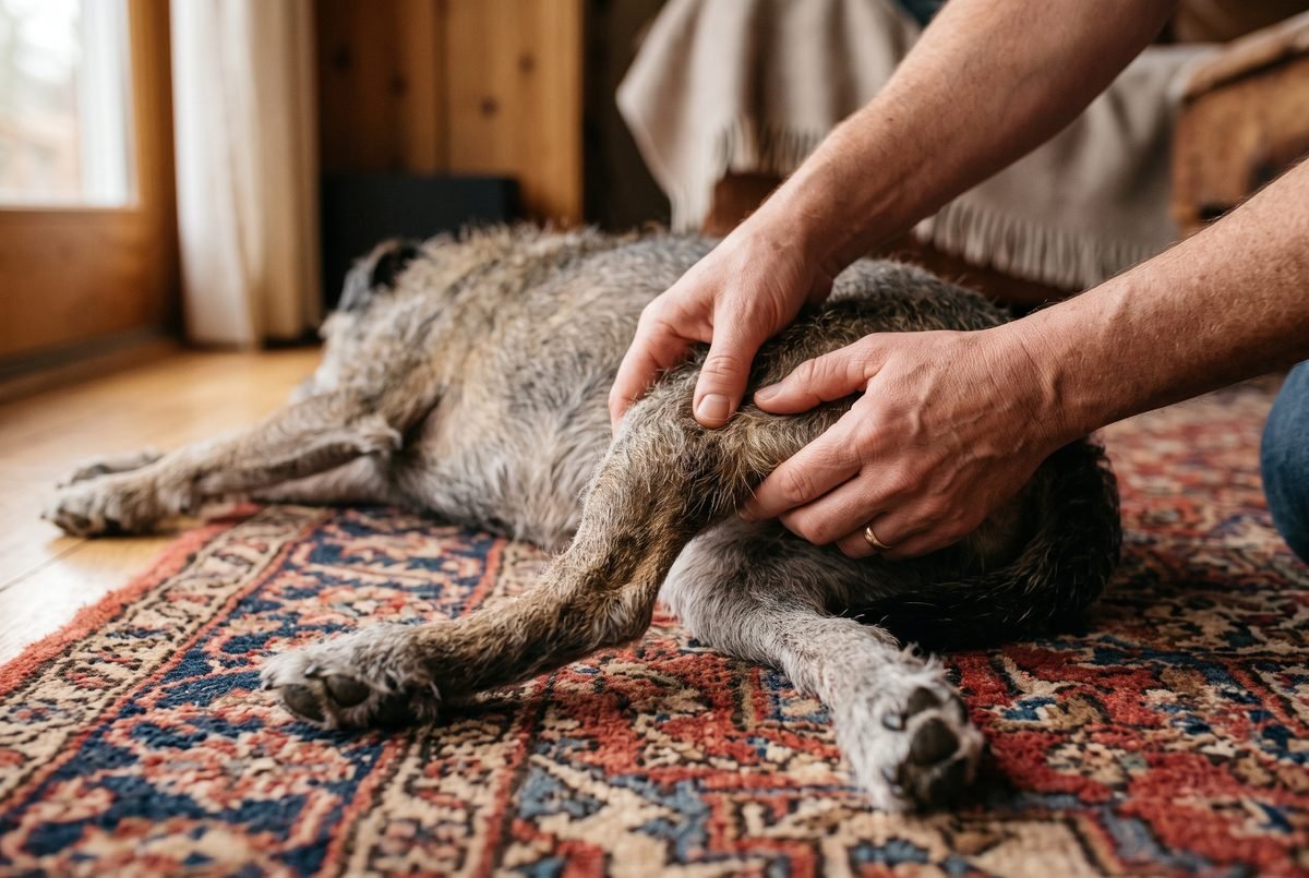 Mani che massaggiano la zampa posteriore di un cane anziano sdraiato