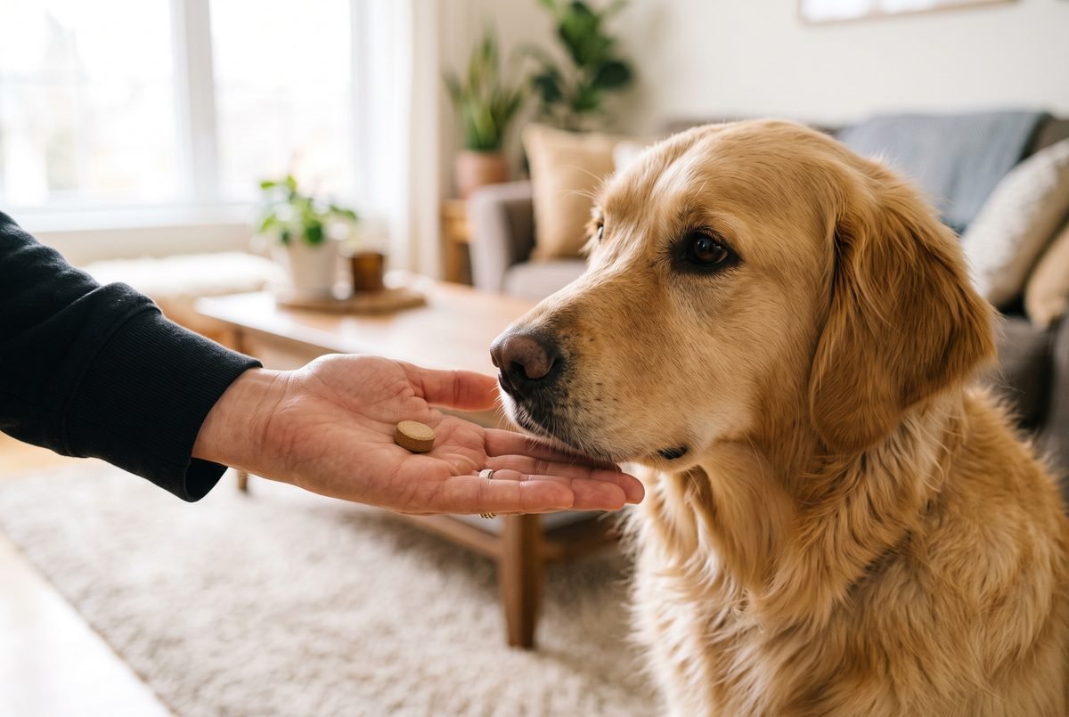 Mano che offre una compressa masticabile a un golden retriever