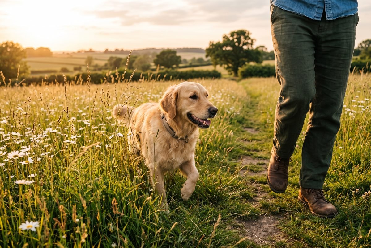 Cane che cammina nell'erba alta di un prato estivo accanto al proprietario