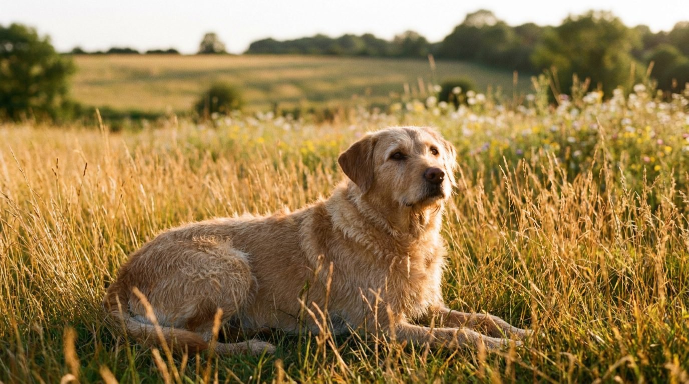 Cane adulto sull'erba alta in estate, immagine di apertura della Bravecto recensione