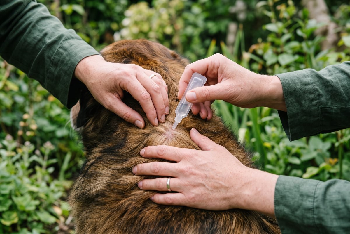 Mani che applicano una pipetta spot-on tra le scapole del cane scostando il pelo