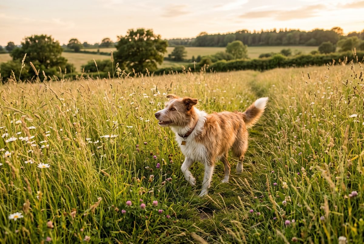 Cane che cammina nell'erba alta di un prato estivo