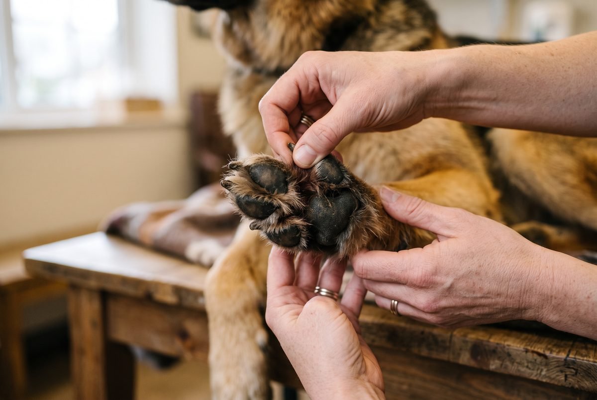 Mani che esaminano la zampa anteriore di un cane allargando i cuscinetti