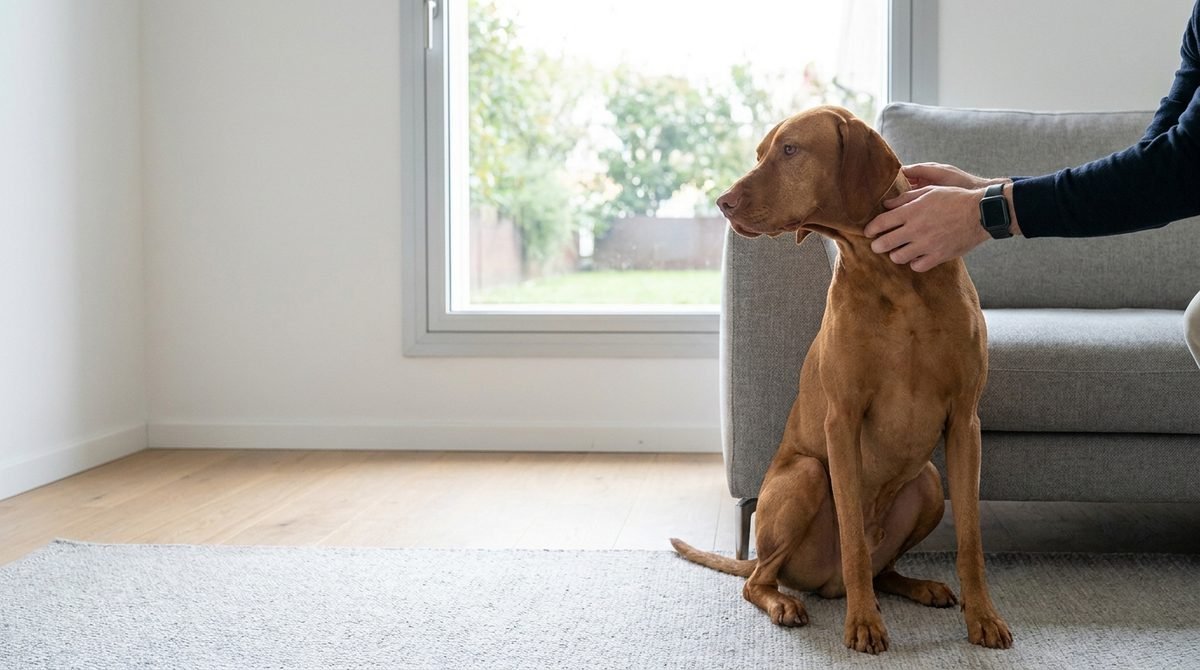 Cane a pelo corto seduto vicino a una finestra in una casa italiana moderna mentre gli viene controllato il pelo del collo dopo una passeggiata