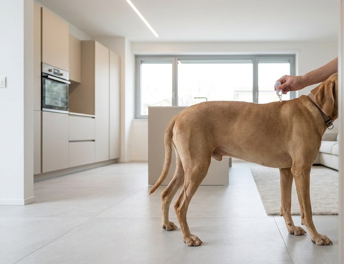 Cane a pelo corto in un salotto italiano riceve la pipetta tra le scapole, il gesto base del calendario antiparassitario