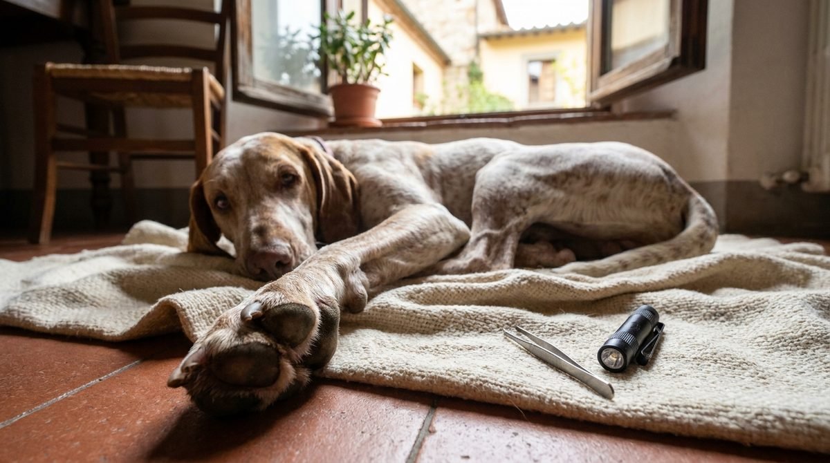 Cane sdraiato su una coperta con la zampa anteriore distesa, pinzetta e torcia accanto