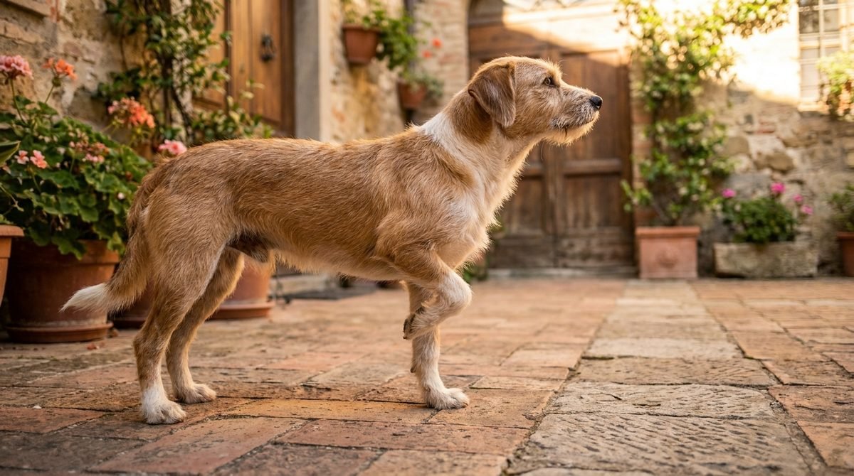Cane di taglia media in un cortile, di profilo, che tiene sollevata una zampa anteriore