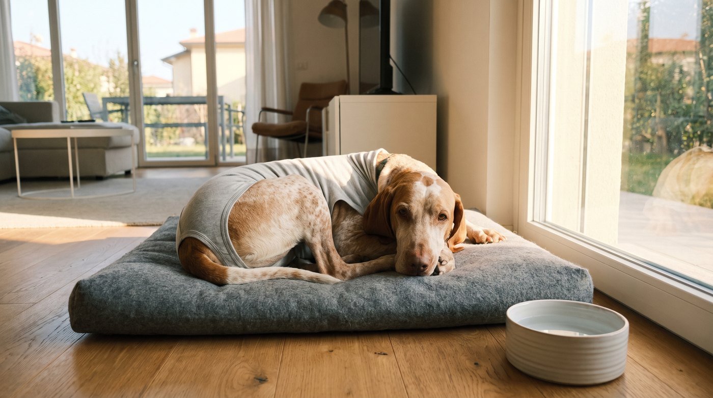 Cane maschio in convalescenza col body protettivo dopo la castrazione