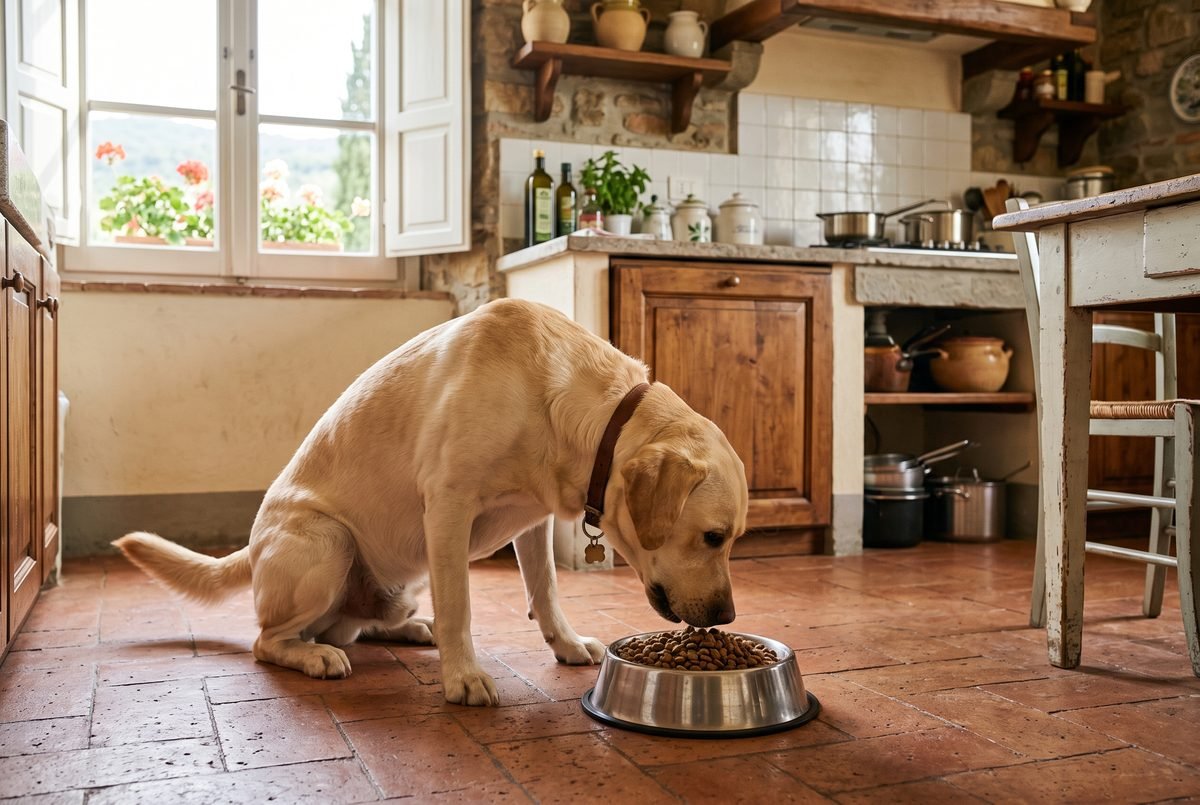 Labrador che mangia crocchette da una ciotola di acciaio in una cucina luminosa