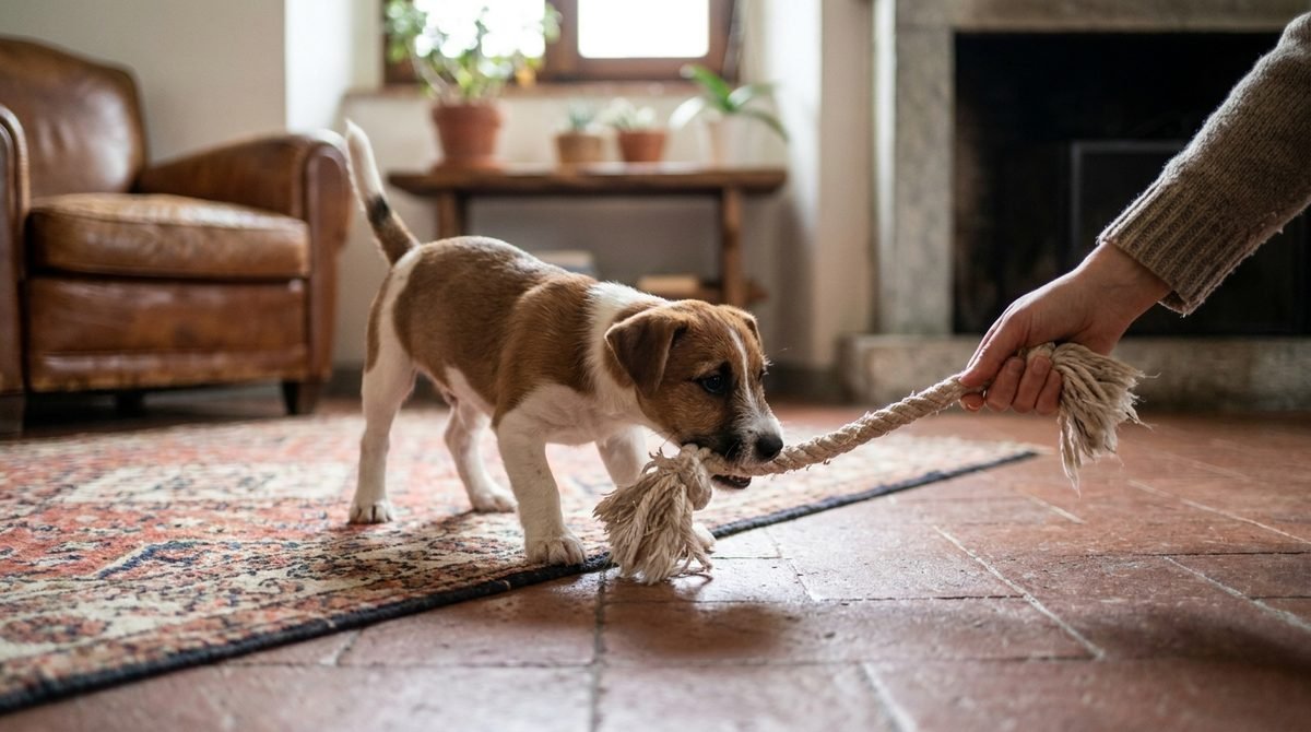 Cucciolo che gioca a tira e molla con una corda tenuta da una mano