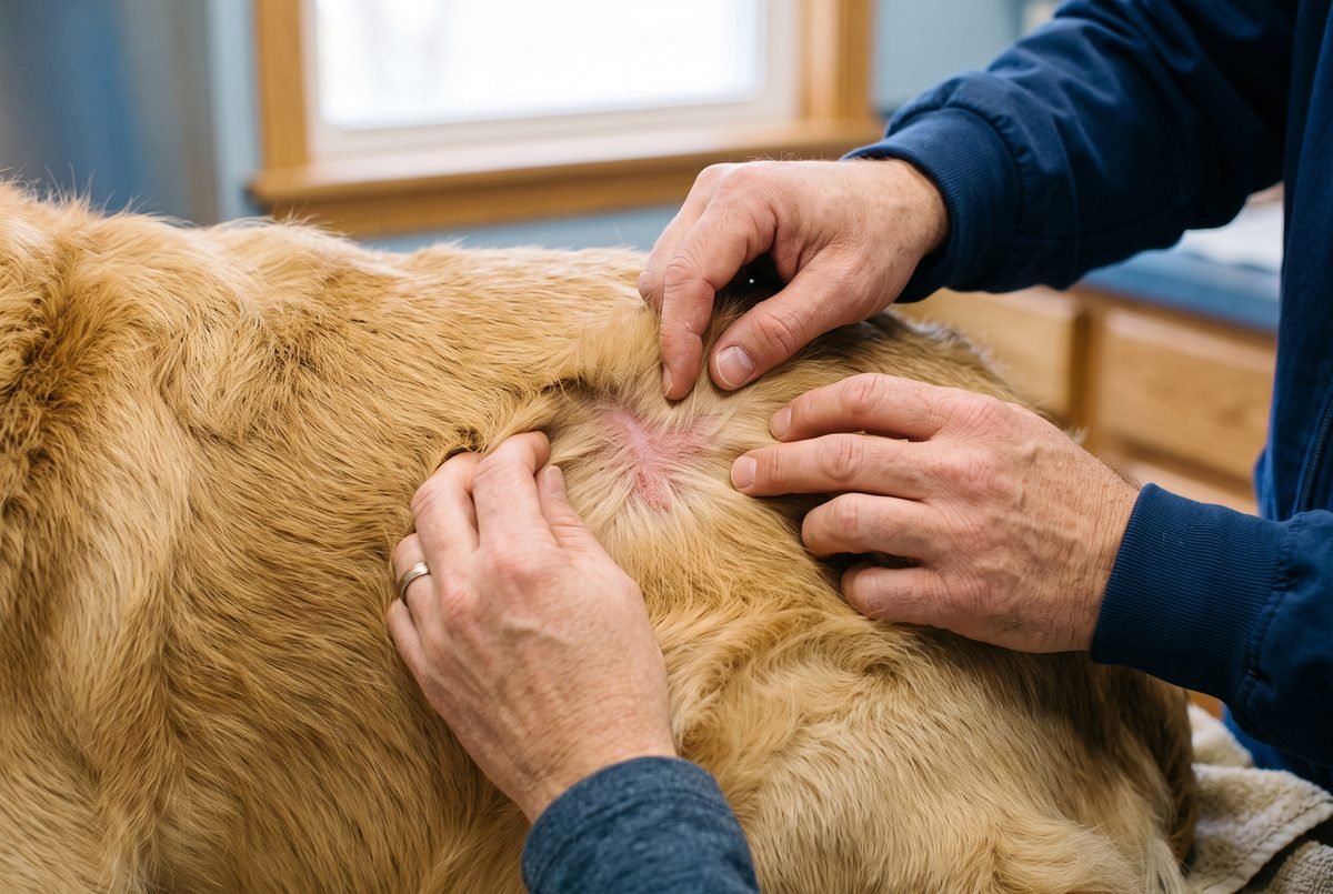 Mani che scostano il pelo sul fianco del cane per controllare la pelle arrossata