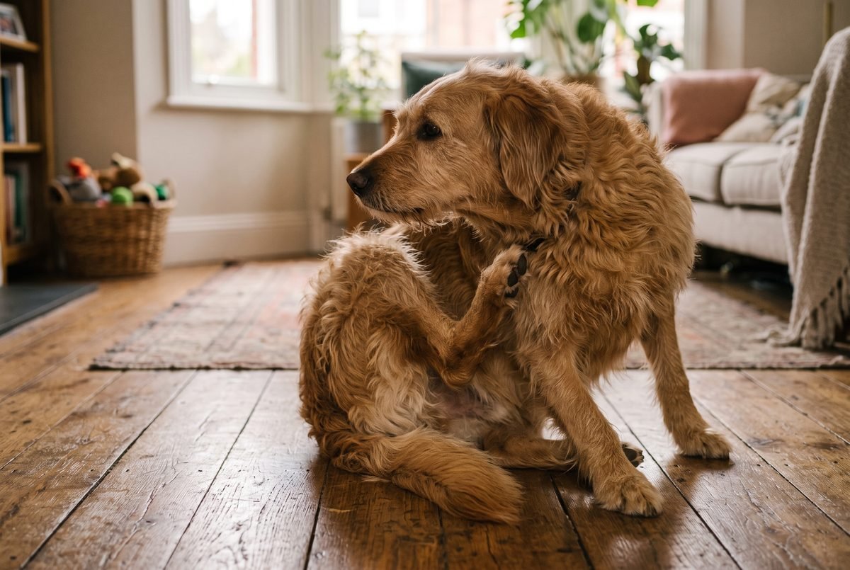 Cane seduto sul pavimento di casa che si gratta il fianco