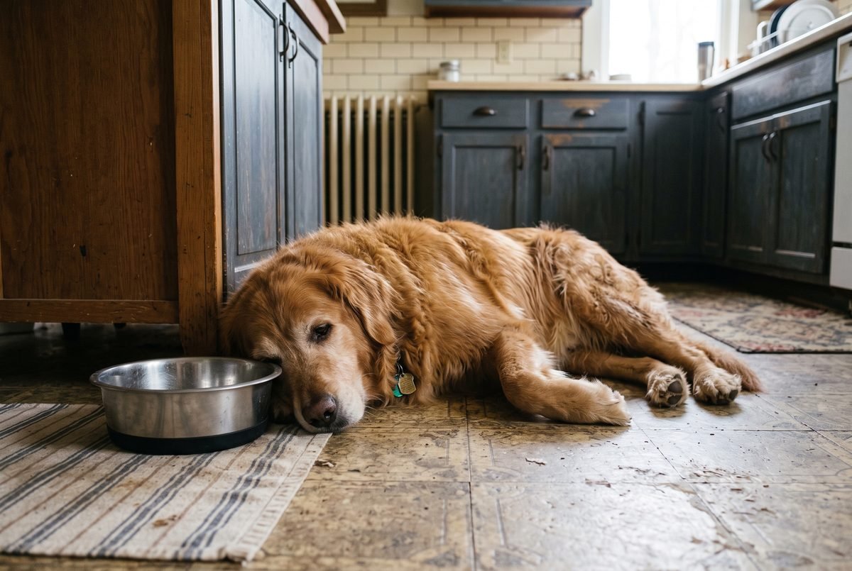 Cane sdraiato senza forze sul pavimento della cucina accanto alla ciotola dell'acqua